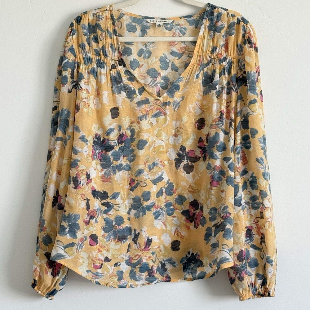 Zac & Rachel Blouse Women XL Yellow Floral Flowy Whimsical Bold Party Feminine